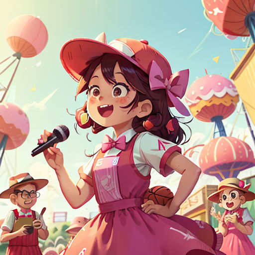 a cartoon girl in a pink dress holding a microphone and singing into a microphone while standing in front of a crowd of balloons