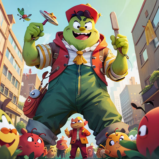 a cartoon character with many different colored creatures in the background of a city street with buildings and a building