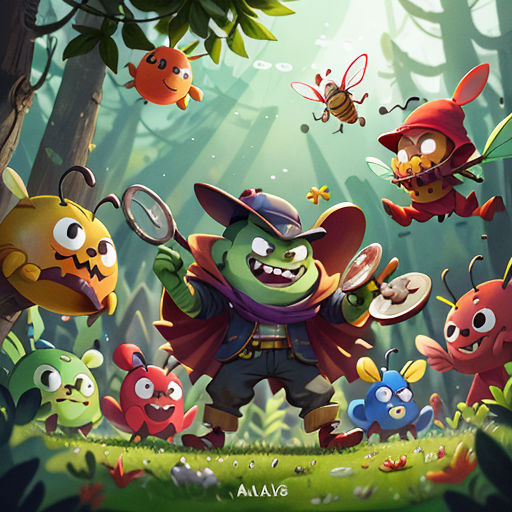 a cartoon of a bunch of bugs in the woods with a magnifying glass in his hand and a magnifying glass in his hand