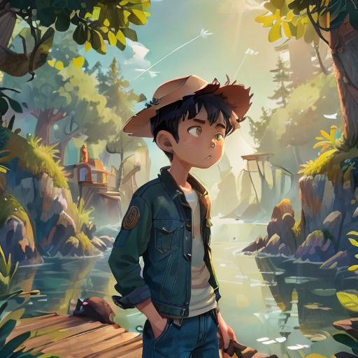 a boy in a cowboy hat standing on a bridge in a forest with a river and trees in the background