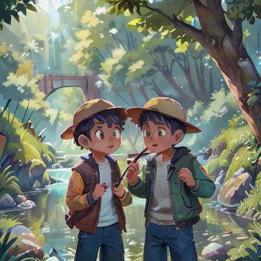 two boys are standing in the woods with a pipe in their hands and a bridge in the background, with a stream running through them