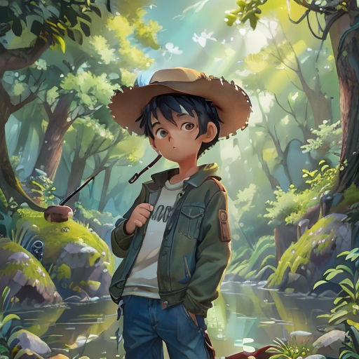 a boy in a hat standing in a forest with a stick in his hand and a river in the background