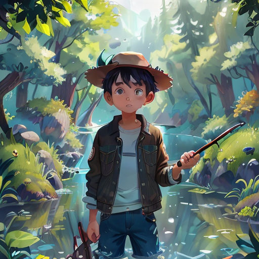 a boy in a hat holding a pickle in a forest with a creek and trees in the background