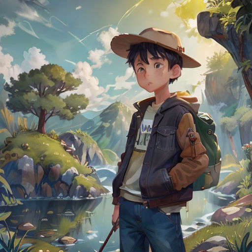 a boy in a hat and jacket standing in front of a river with a stick in his hand and a backpack on his back