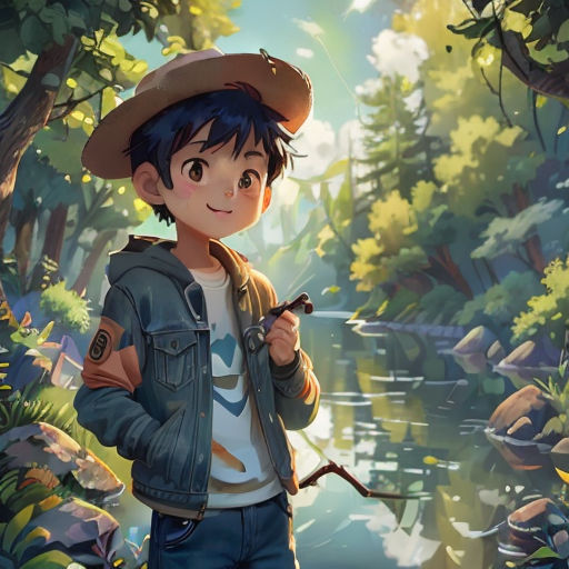 a boy in a hat is standing in the woods with a stick in his hand and looking at the camera