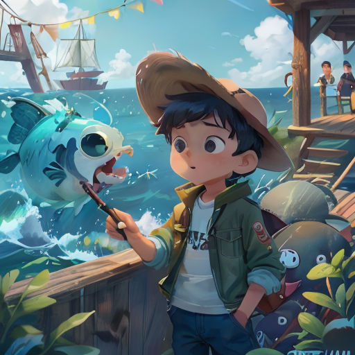 a boy in a hat is holding a fishing rod and looking at a fish in the water while another boy is standing on a dock