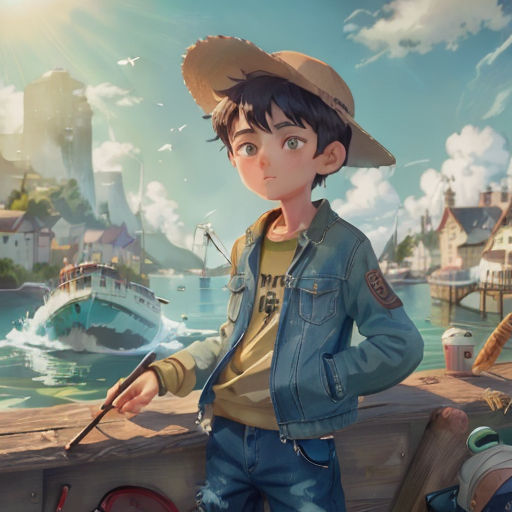 a boy in a cowboy hat standing on a boat in a harbor with a fishing rod in his hand