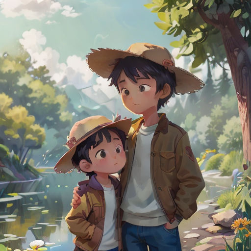 a boy and a girl standing next to each other in a forest with a pond in the background and trees