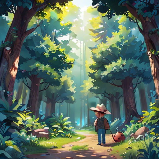 a person walking through a forest with a backpack on their back and a bag on their shoulder, with a backpack on their back