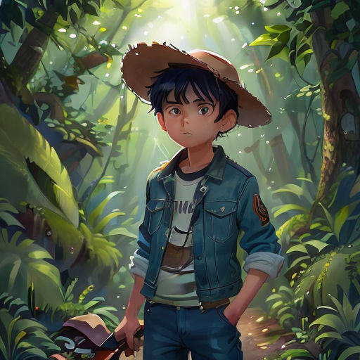 a boy in a hat standing in a forest with a guitar in his hand and a light shining through the trees