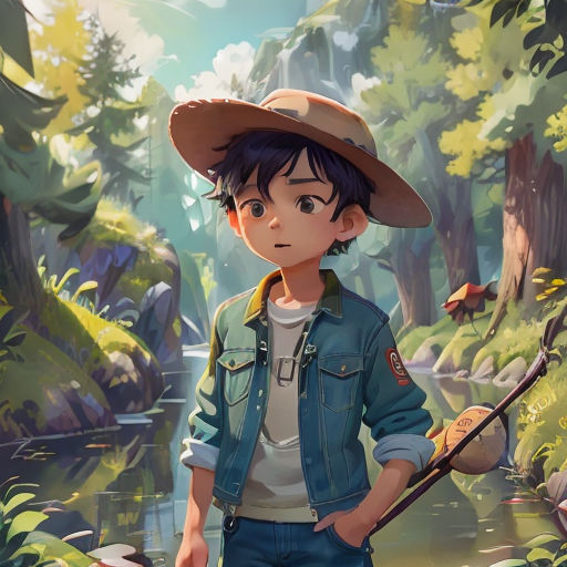 a boy in a hat holding a fishing pole in a forest with a stream and trees in the background
