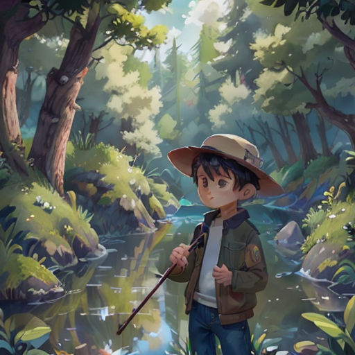 a boy in a hat and jacket holding a stick in a forest with a stream running through it and trees and bushes