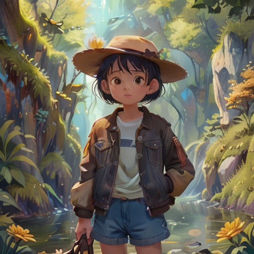 a young girl in a hat and jacket standing in a forest with a stream behind her and a bird on her shoulder