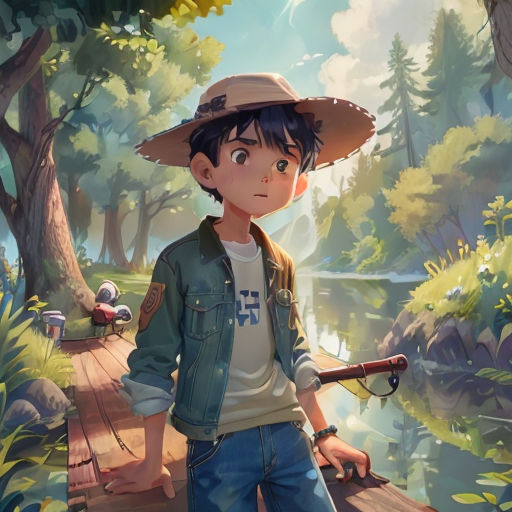 a boy in a hat holding a fishing rod in a forest with a pond and trees in the background