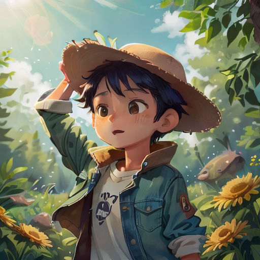 a boy in a hat standing in a field of sunflowers with his hands on his head and looking at the sky