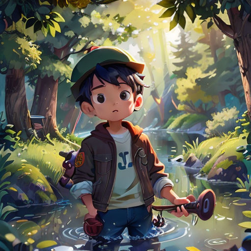 a boy in a forest holding a fish in his hands and a hat on his head, with a river in the background
