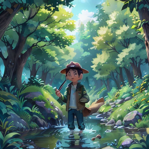 a boy in a hat is standing in a stream with a stick in his hand and a backpack on his shoulder