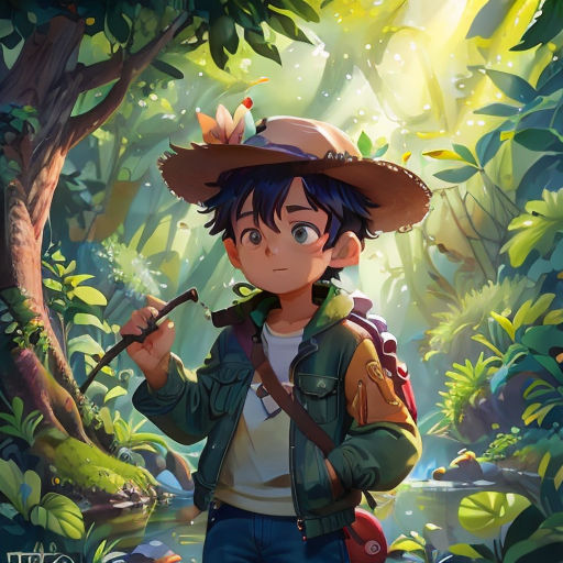 a boy in a hat and jacket standing in a forest with a stick in his hand and a backpack on his shoulder