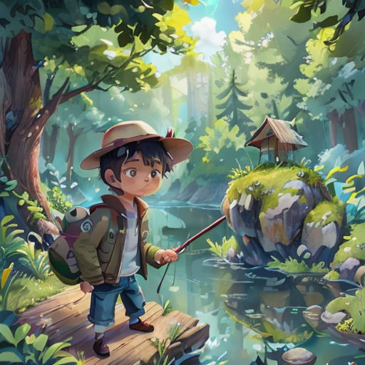 a boy fishing in a forest with a backpack and a backpack on his back, while another boy is holding a fishing rod