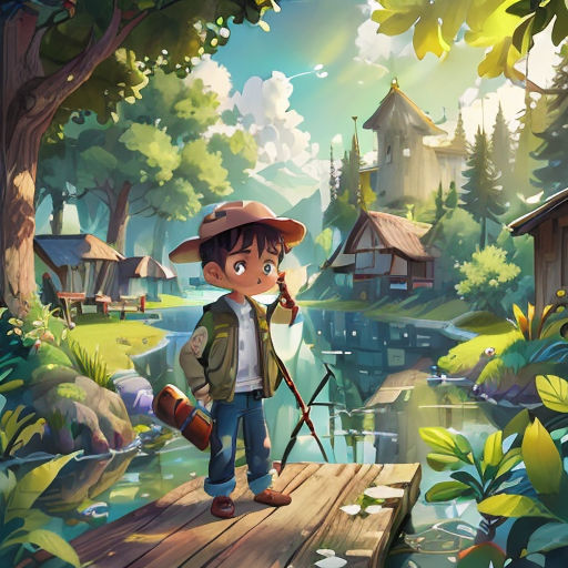 a boy standing on a wooden bridge in the woods with a camera in his hand and a fishing rod in his other hand