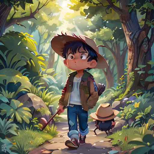 a boy walking through a forest with a dog on a leash and a hat on his head, with a stick in his hand
