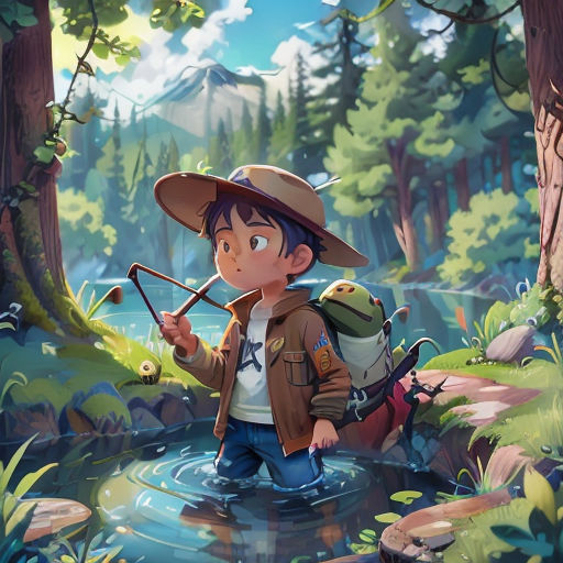 a boy in a hat and jacket fishing in a river with a backpack on his back and a backpack on his shoulder