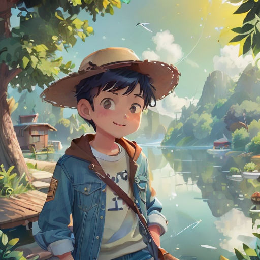 a boy with a hat and a camera in front of a lake and trees with a bird flying overhead