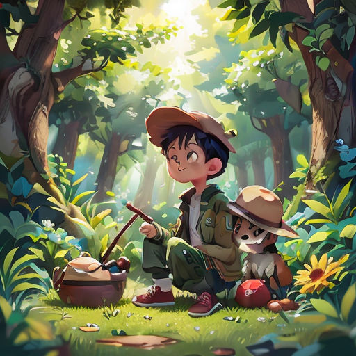 a boy and a girl are sitting in the woods with a basket of mushrooms and a boy is holding a stick
