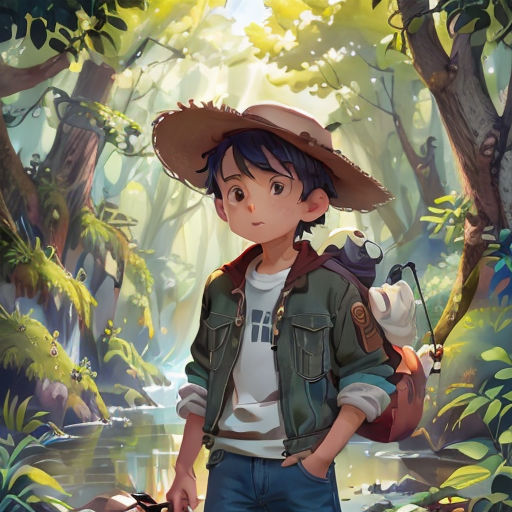 a boy in a hat and jacket standing in a forest with a fish in his hand and a backpack on his shoulder