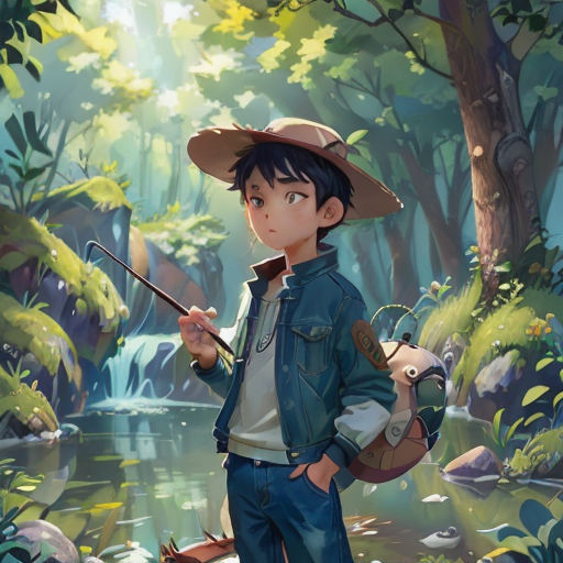 a boy in a hat holding a fishing rod in a forest with a stream and trees in the background
