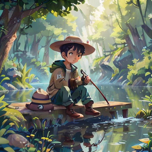 a boy in a hat sitting on a dock with a fishing pole in his hand and a fish in his hand