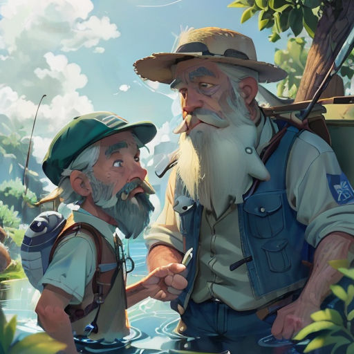 a man and a boy are standing in the water with a fishing rod in their hands and a fish in his mouth