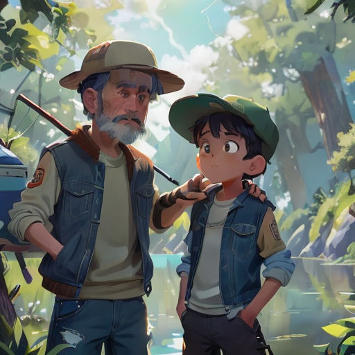 a man and a boy standing in a forest with a boat in the background and a river in the foreground
