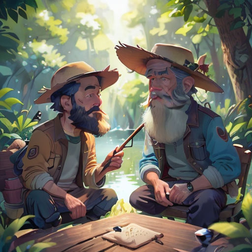 two men sitting at a table in the woods with a book and a pipe in their hands, one of them is holding a stick