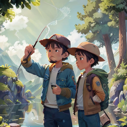 two people standing in a forest holding a fishing pole and a fish in their hands, with a river in the background