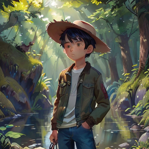 a boy in a hat standing in a forest with a bag in his hand and a bird on his shoulder