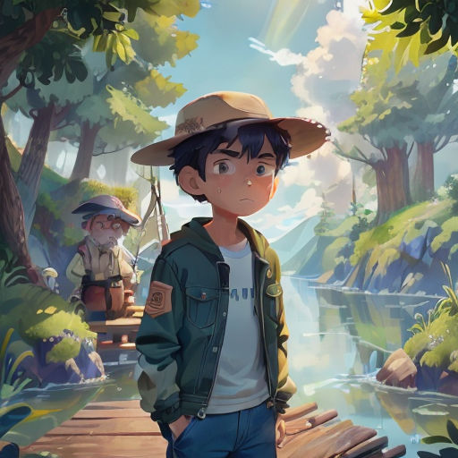 a boy in a hat standing on a bridge in the woods with a river and trees behind him, and a man in a hat and a backpack