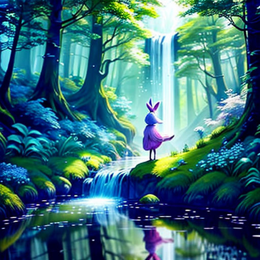 a painting of a person standing on a hill near a waterfall in the forest with a waterfall in the background
