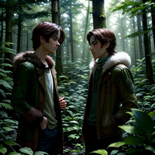 two people standing in a forest with trees and plants around them, one of them is wearing a green jacket