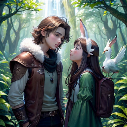 a couple of people standing in a forest with birds on their heads and a bird on their shoulder,