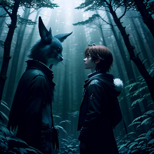 two people standing in the woods with a wolf on their head and a wolf on their shoulder, facing each other