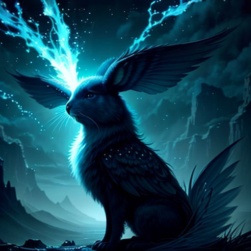 a black rabbit sitting on top of a rock under a blue sky with lightning coming out of its ears
