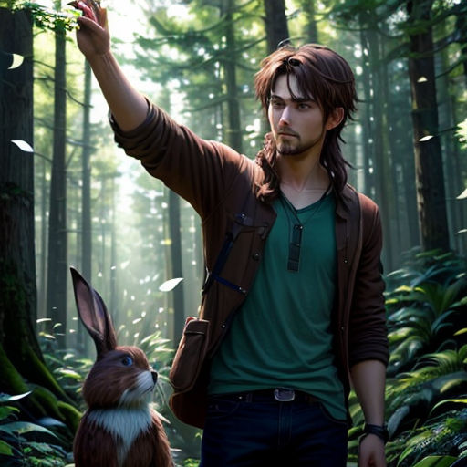 a man holding a rabbit in a forest with trees and leaves in the background and a forest with a rabbit