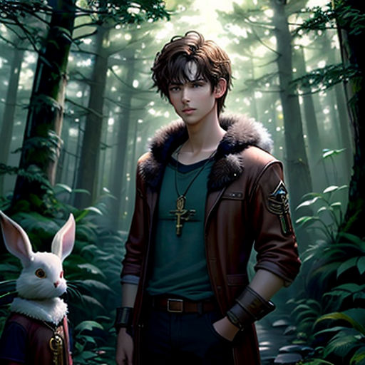 a man standing next to a bunny in a forest with trees and bushes behind him, with a forest background