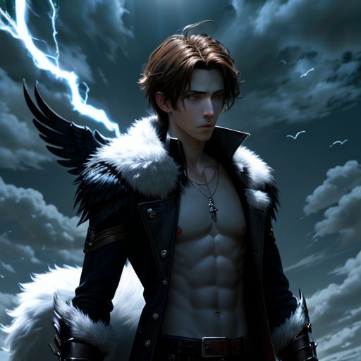 a man with a jacket and wings standing in front of a cloudy sky with lightning behind him and a lightning bolt