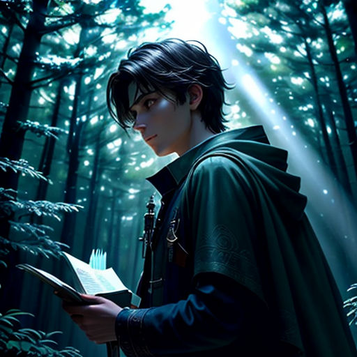 a man in a hooded jacket holding a book in a forest with trees and sunlight coming through the trees
