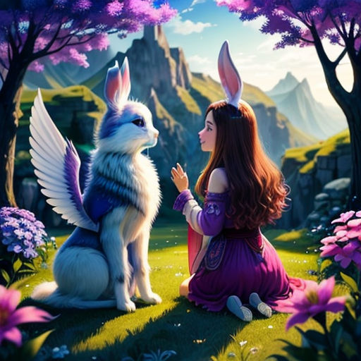 a girl and a bunny sitting in the grass with flowers and trees in the background, with a mountain in the background