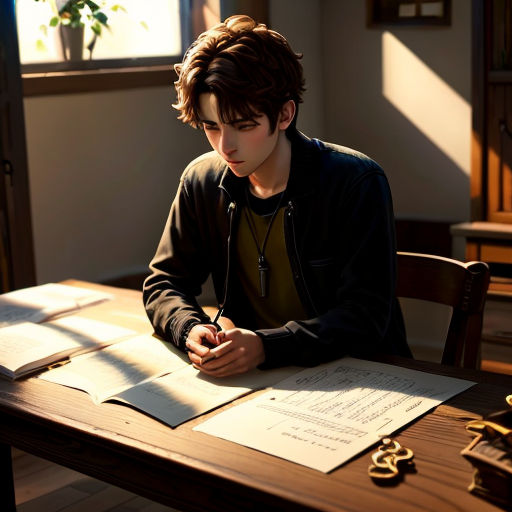 a young man sitting at a table writing on a piece of paper with a pen in his hand and a pair of gold rings on the table