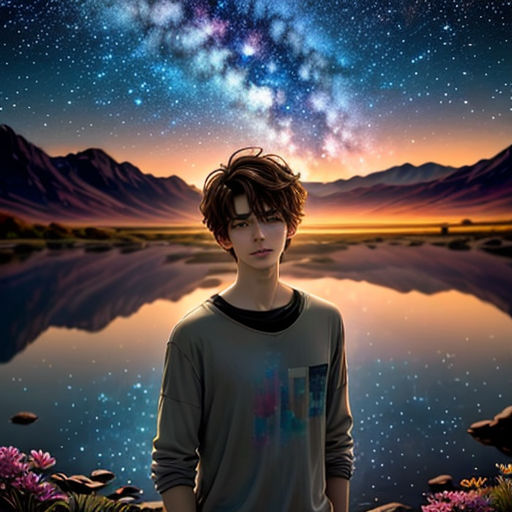 a boy standing in front of a lake under a night sky with stars and a star filled sky above him