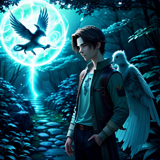 a man standing in front of a forest with a bird on his shoulder and a full moon in the background